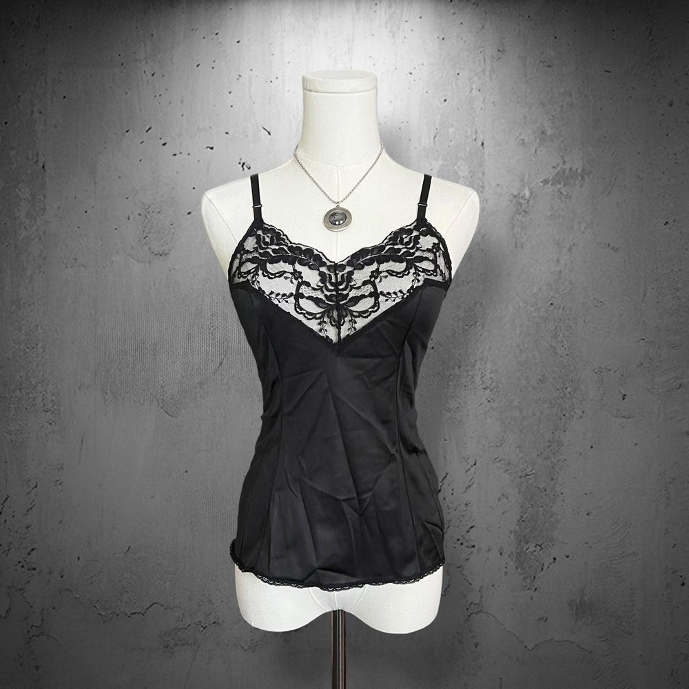 Vintage 90s Vassarette Nylon Lace Camisole Top Med Black Gothic Fairy Lingerie